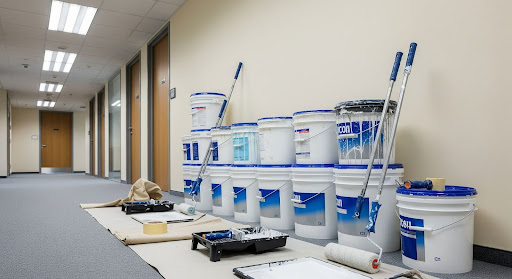 Commercial painting supplies with paint buckets and rollers in an office corridor.
